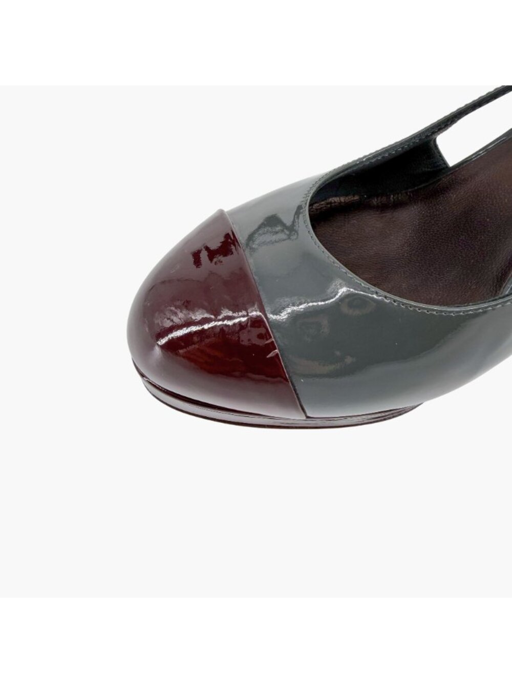 Chanel Gray Burgundy Patent Cap Toe Slingback Platform Pumps Size 37.5 US 6.5–7 - Picture 12 of 15